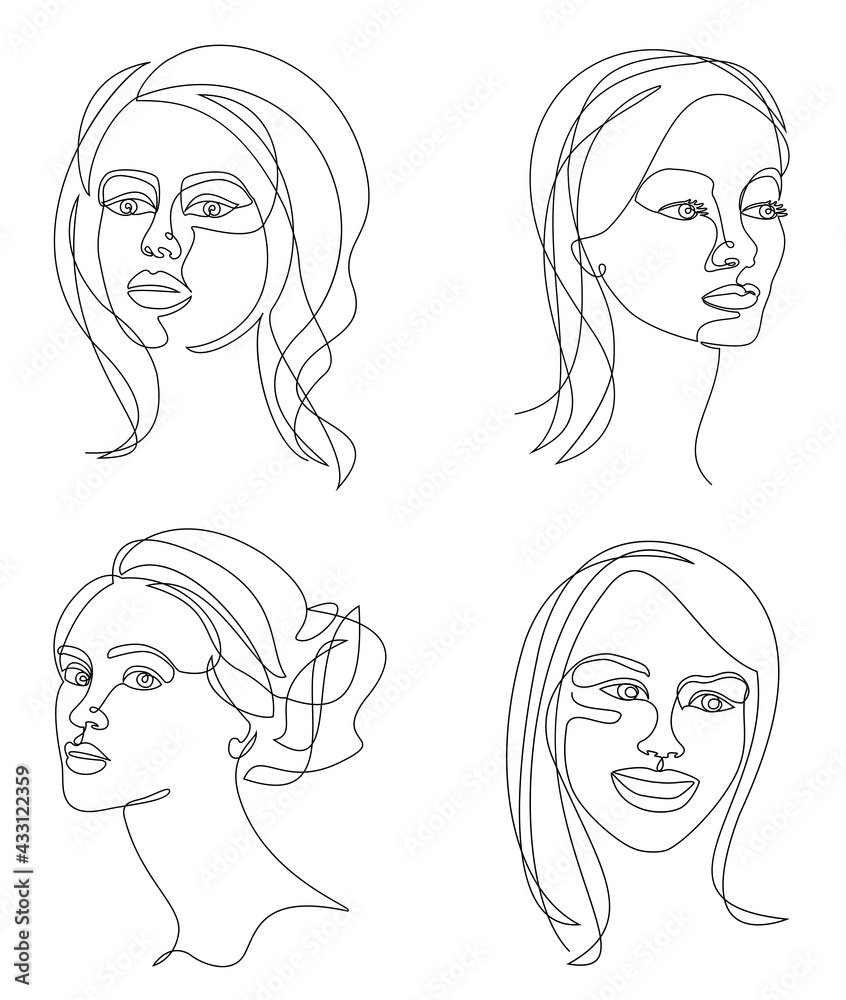 Collection. Silhouettes of the girl's head. Woman face in modern one line style. Solid line, aesthetic outline for decor, posters, stickers, logo. Vector illustration set.