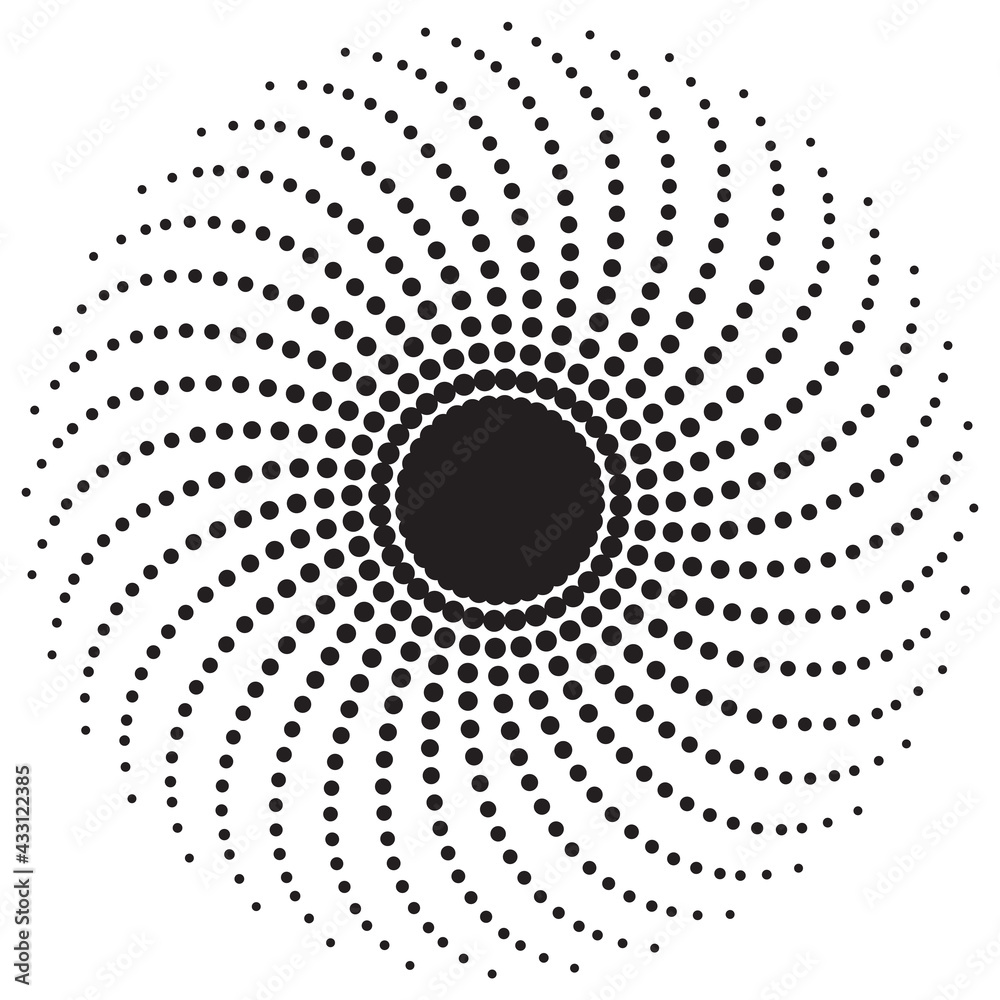 Screen printing pattern. Radiant frame. Abstract vortex. Circular pattern. Pop art round halftone frame isolated on white. Abstract whirligig, eyeball. Dotted print.