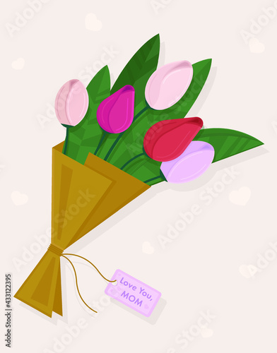 Vector illustration of bouquet of tulips with note card Love you mom