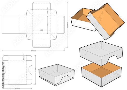 Top and Bottom box (Internal measurement 20x20x7cm) and Die-cut Pattern. Ease of assembly, no need for glue. The .eps file is full scale and fully functional. Prepared for real cardboard production.