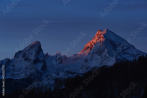 peak of Mt. Watzmann at sunrise in winter, bavarian alps