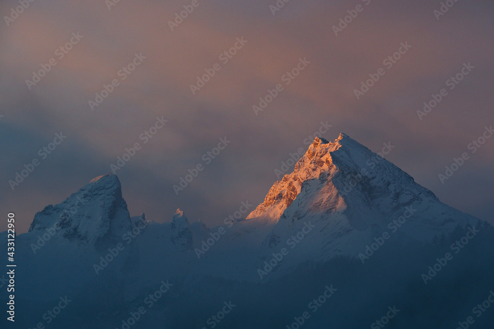 Watzmann mountain range at sunrise in winter, bavarian alps