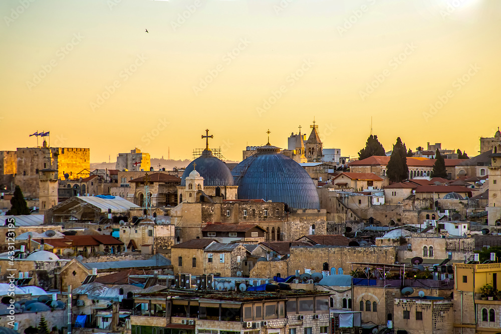 panorama - rooftops of the old city of Jerusalem at sunset, Israel