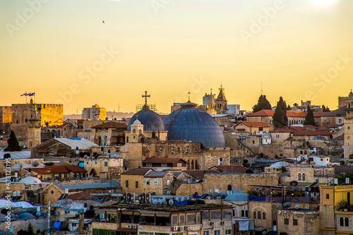 panorama - rooftops of the old city of Jerusalem at sunset, Israel