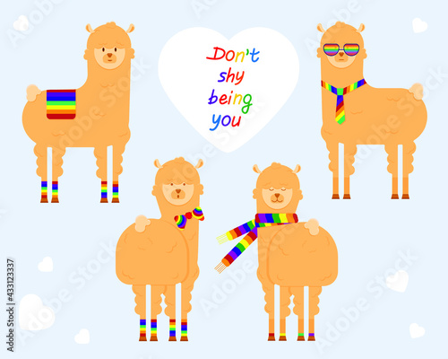 Cute llamas with rainbow symbols. Set of characters showing pride for being yourself