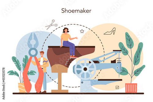 Shoemaker concept. Craftsman wearing an apron mending shoe