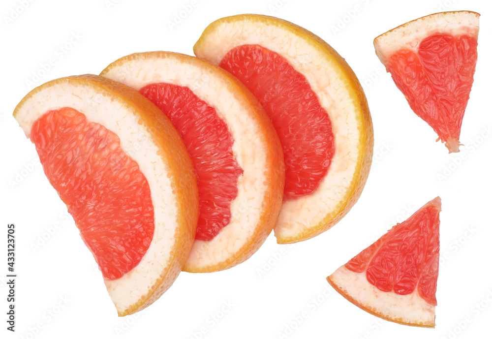 Slices of grapefruit isolated on the white background, flat lay, top view Slices of grapefruit isolated on the white background, flat lay, top view