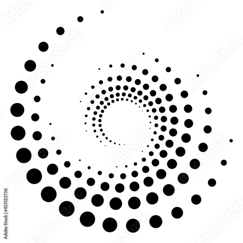Dotted, dots, speckles abstract concentric circle. Spiral, swirl, twirl element. Circular and radial lines volute, helix. Segmented circle with rotation. Radiating arc lines. Cochlear, vortex