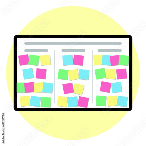 vector business illustration, white board in office with colourful stickers agile scrum process 