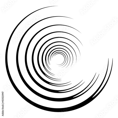 Abstract concentric circle. Spiral, swirl, twirl element. Circular and radial lines volute, helix. Segmented circle with rotation. Abstract radiating arc lines. Geometric cochlear, vortex illustration