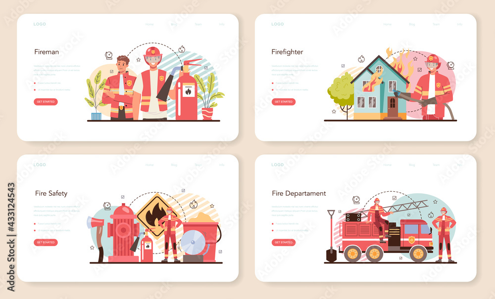 Fototapeta premium Firefighter web banner or landing page set. Professional fire brigade