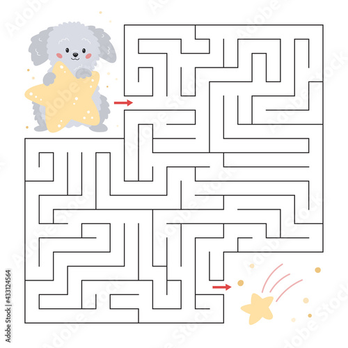 Education maze for preschool children. Cute cartoon dog with stars. Labyrinth game. Help the puppy to find falling star. Vector illustration.