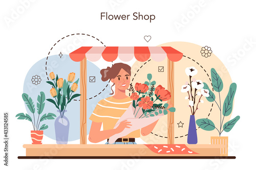 Florist concept. Floral designer making bouquet for customer.