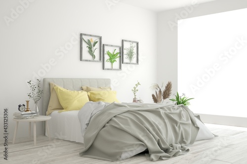 Soft color bedroom interior. Scandinavian design. 3D illustration