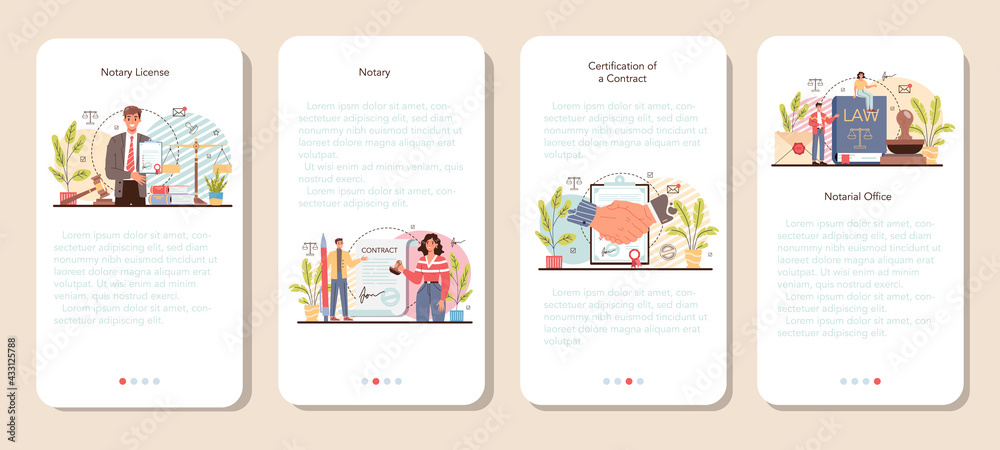 Notary service mobile application banner set. Professional lawyer signing Notary service mobile application banner set. Professional lawyer signing