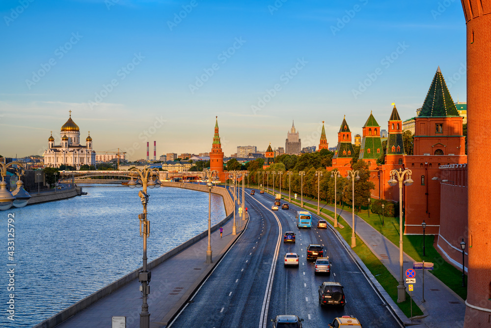 Moscow Kremlin, Kremlin Embankment and Moscow River in Moscow, Russia. Architecture and landmark of Moscow Moscow Kremlin, Kremlin Embankment and Moscow River in Moscow, Russia. Architecture and landmark of Moscow