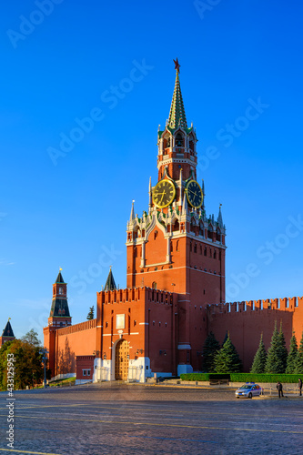 Spasskaya Tower and Red Square in Moscow, Russia. Architecture and landmarks of Moscow.