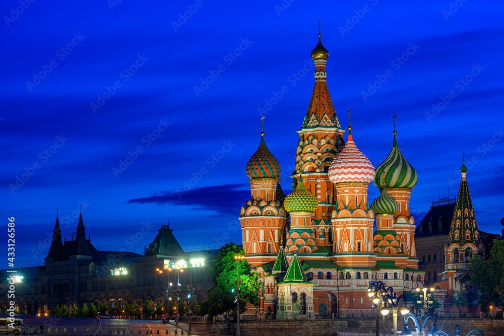 Saint Basil's Cathedral and Red Square in Moscow, Russia. Architecture and landmarks of Moscow. Night cityscape of Moscow