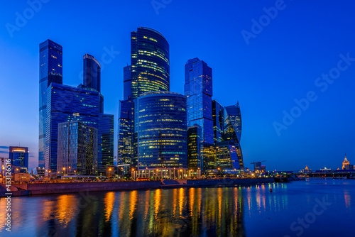 Skyscrapers of Moscow City business center and Moscow river in Moscow at night  Russia  Russia