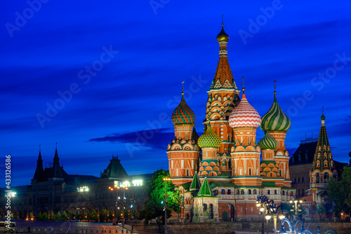 Saint Basil's Cathedral and Red Square in Moscow, Russia. Architecture and landmarks of Moscow. Night cityscape of Moscow