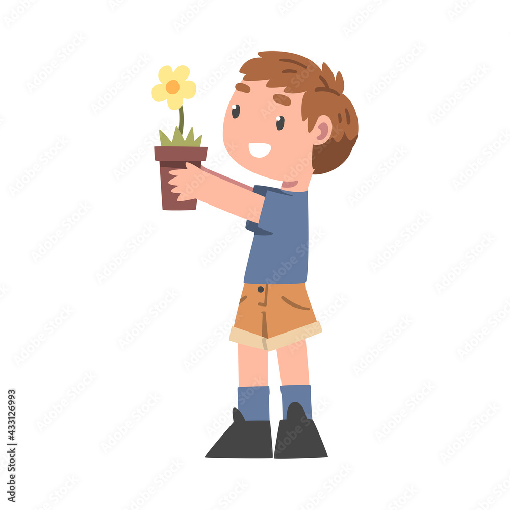 Curious Boy Holding Pot with Blooming Flower Studying Plant and Exploring Environment Vector Illustration Curious Boy Holding Pot with Blooming Flower Studying Plant and Exploring Environment Vector Illustration