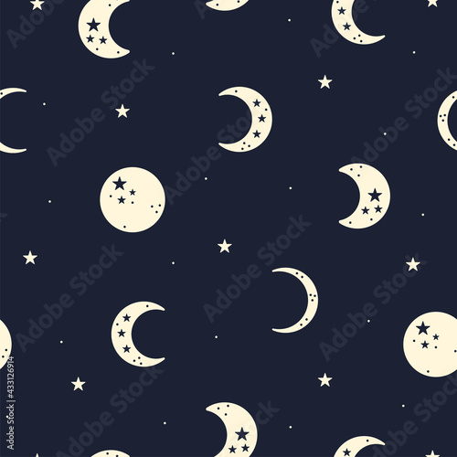 Moon seamless pattern. Celestial blue background.
