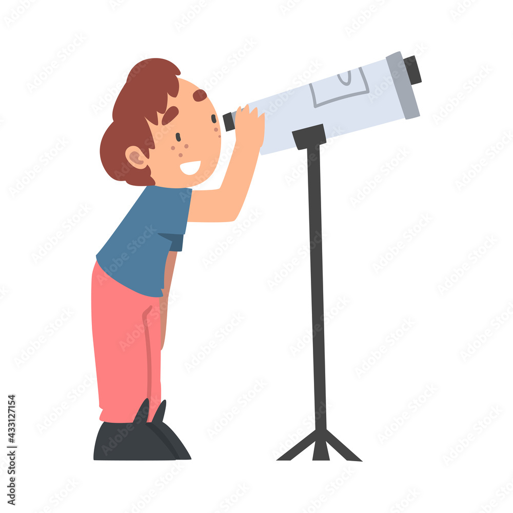 Curious Little Boy Observing Solar Planets with Telescope Studying Space and Galaxy Vector Illustration