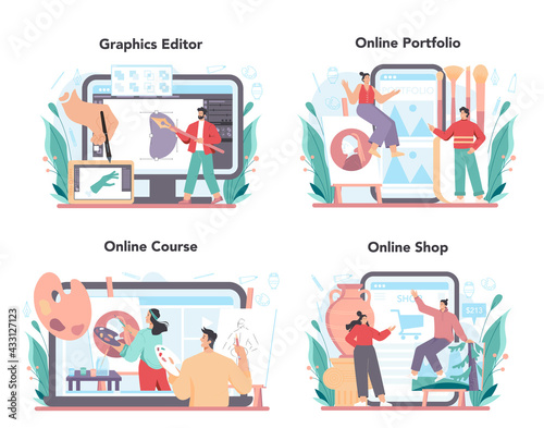 Artist online service or platform set. Professional illustrator