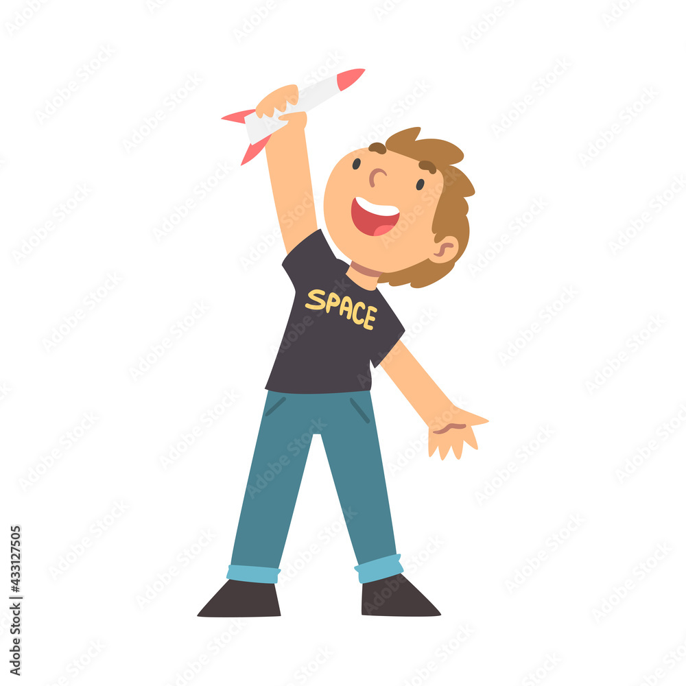 Cute Boy Playing with Toy Spacecraft Vector Illustration