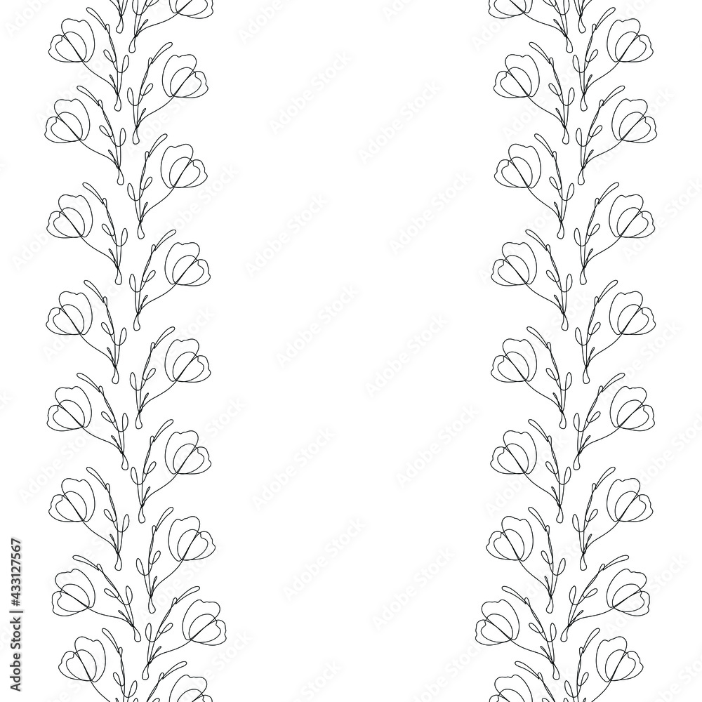 Floral line art seamless pattern. Ornamental floral vertical boarder.  Element for card design and invitations. Vector illustration. 