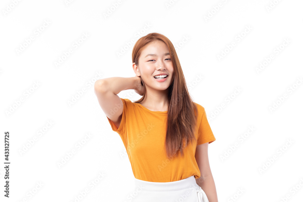 Portrait of beautiful young Asian girl model long hair in casual summer clothes smile, happy and enjoying in studio isolated on white background. Portrait of beautiful young Asian girl model long hair in casual summer clothes smile, happy and enjoying in studio isolated on white background.