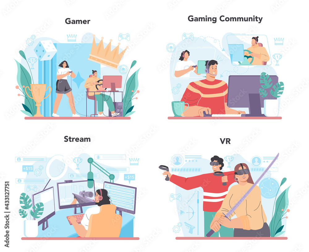 Gamer concept set. Person play on the computer video game. E-sports comunity Gamer concept set. Person play on the computer video game. E-sports comunity