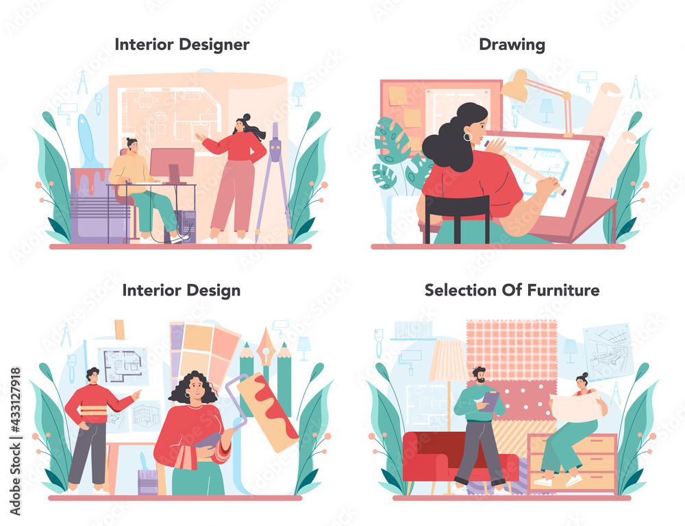 Interior designer concept set. Decorator planning the design of a room