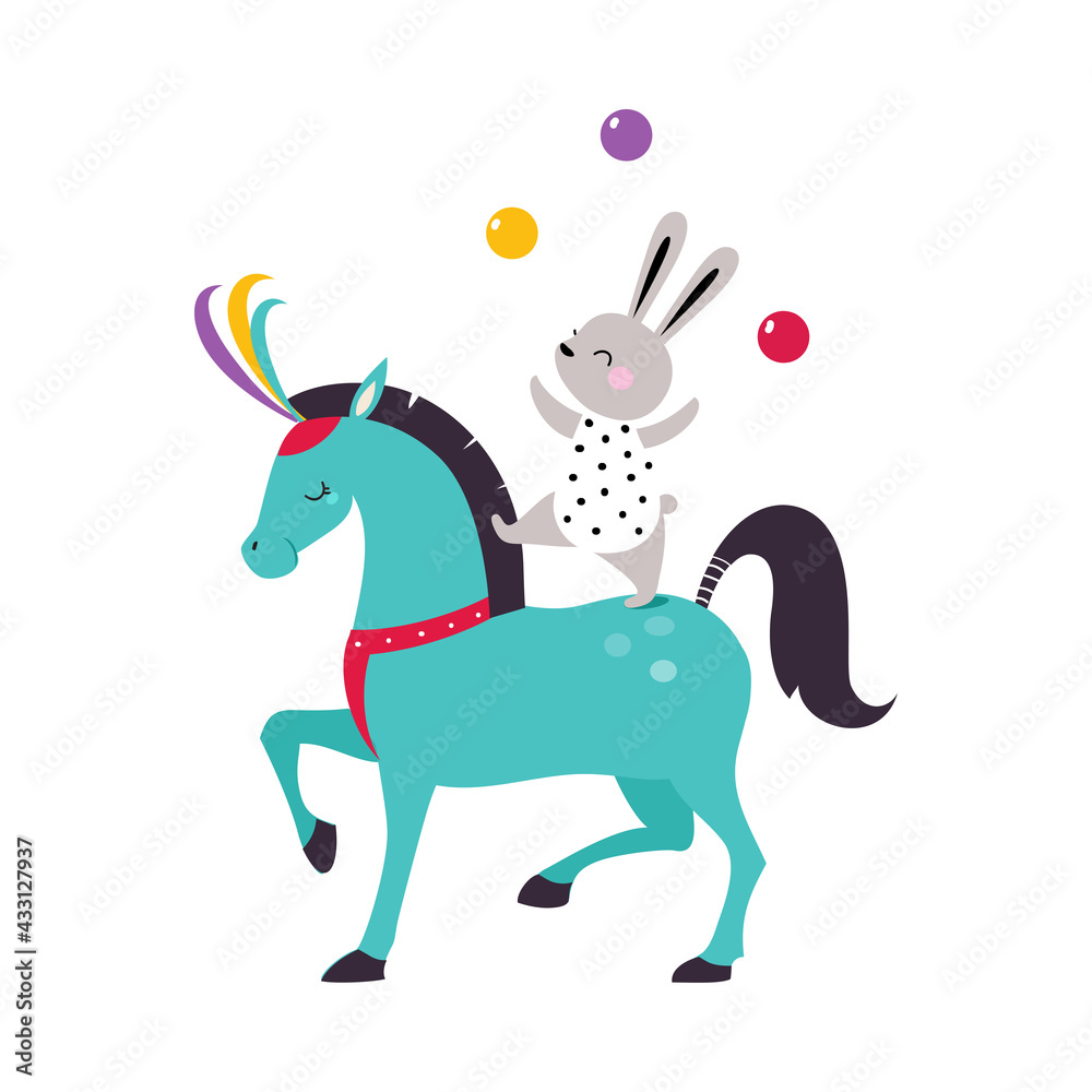 Circus Hare Animal Balancing and Juggling with Balls Riding on Horse Back Performing Trick Vector Illustration Circus Hare Animal Balancing and Juggling with Balls Riding on Horse Back Performing Trick Vector Illustration