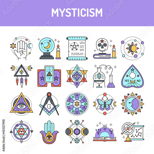 Mysticism line icons set. Isolated vector element.