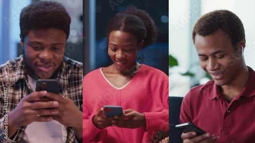 Attractive african american young people, pretty woman in red sweater. and two handsome boys using mobile phones for social media communicating. Friendship concept. photo