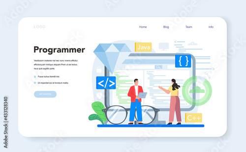 Programmer web banner or landing page. Idea of coding, testing