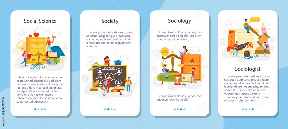 Sociology school subject mobile application banner set. Students studying