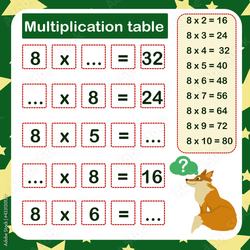 vector illustration of the multiplication table by 8 with a task to consolidate the knowledge of multiplication photo