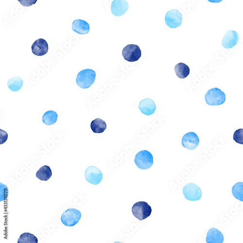 Navy, sky blue vector watercolor round spots, polka dots seamless repeat vector pattern. Watercolour water drops, uneven circle shape blobs, smears, brush strokes. Hand drawn painted background.