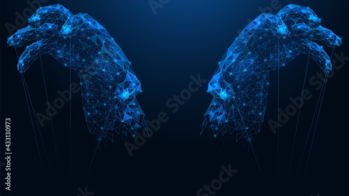 Hands of the puppeteer. Psychological manipulation and control over a person. Polygonal construction of lines and points. Blue background.