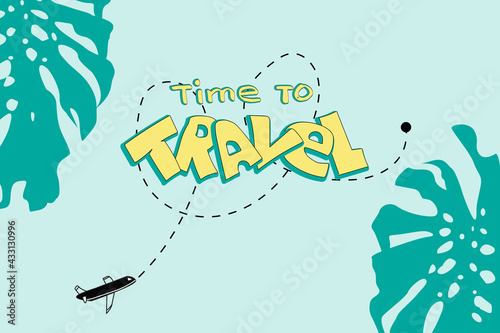 time to travel illustration. Yellow text for banner. Plane in the sky 