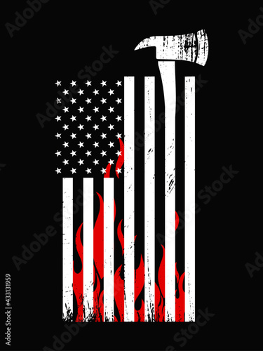 Firefighter vector t-shirt design. Firefighter axe, American flag and fire flame with grunge effect.