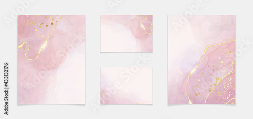 Abstract dusty rose liquid watercolor background with golden crackers. Pastel pink marble alcohol ink drawing effect. Vector illustration design template for wedding invitation