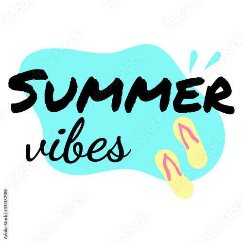 text summer vibes on blue spot with splash and yellow beach slippers isolated on white background. for stickers, post cards, banners and posters