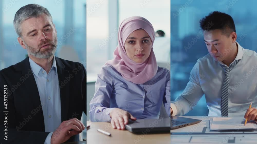 Multi-screen collage portrait of diverse business people men with woman working online using laptops in corporate office smiling. Three people. Multi-screen collage portrait of diverse business people men with woman working online using laptops in corporate office smiling. Three people.