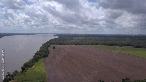 Drone aerial view of deforestation in the amazon rainforest for agriculture farm beside the Rio Araguaia river on the border of Tocantins and Pará state. Concept of ecology, environment, nature. 4K photo