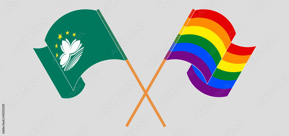 Crossed and waving flags of Macau and LGBTQ Crossed and waving flags of Macau and LGBTQ