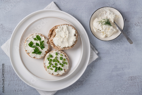 Curd sandwiches with fresh herbs. Crispbread toast with cottage cheese and green herbs. Concept proper snack. Copy Space for text