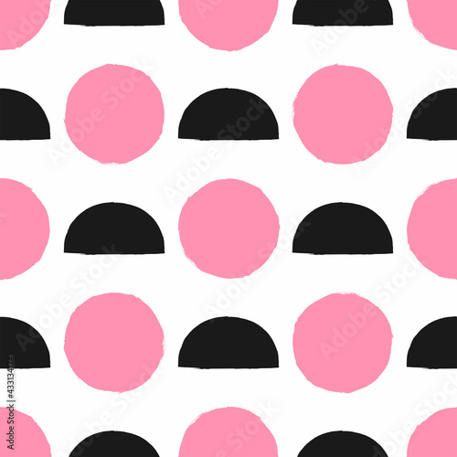 Seamless pattern with circles and semicircles drawn by hand with a rough brush. Girly print with repeating geometric shapes. Grunge, watercolor, paint. Stylish vector illustration.